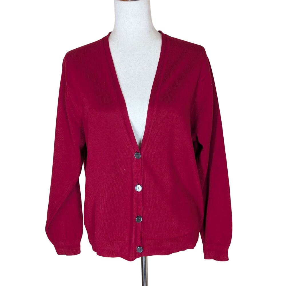 Vintage Talbots Red Cotton Long Sleeve Cardigan Sweater Size Large V Neck